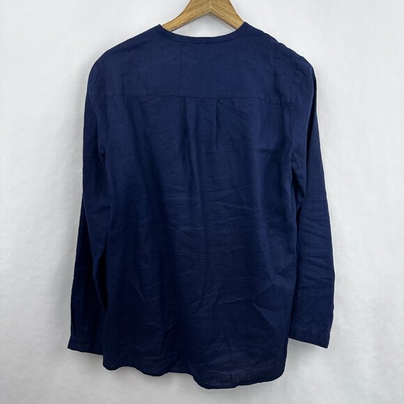 Eileen Fisher Womens Irish Linen Tunic Button Down Shirt V‎ -Neck Navy Blue Sz S - Picture 2 of 7